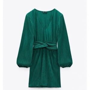 ZARA Women’s Green Mini Long Sleeve Tied Dress Size Medium